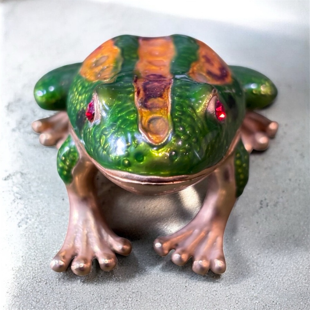 Vintage Rucinni Jeweled Frog Trinket Box.Swarovski Crystal Eyes, Enamel Green